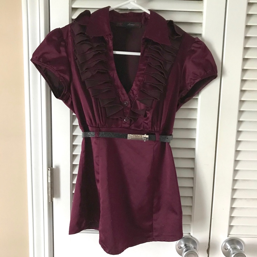 Ruffled Burgundy Dress Top with Belt